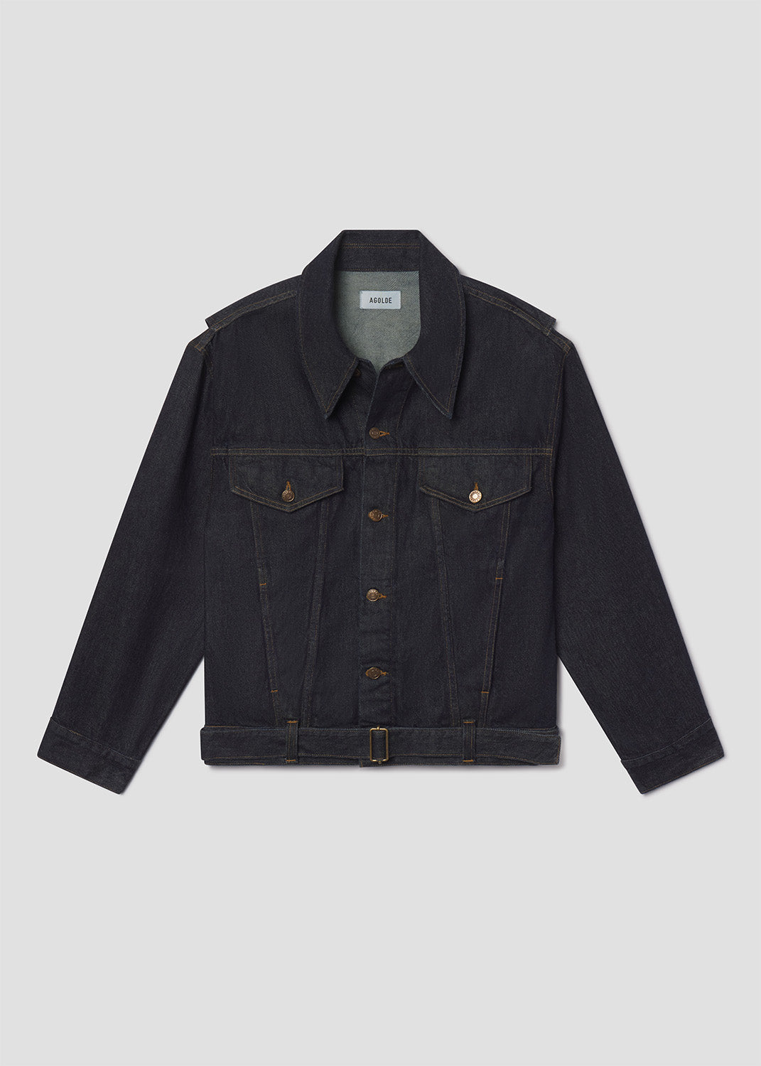 Black denim jacket on a light gray background
