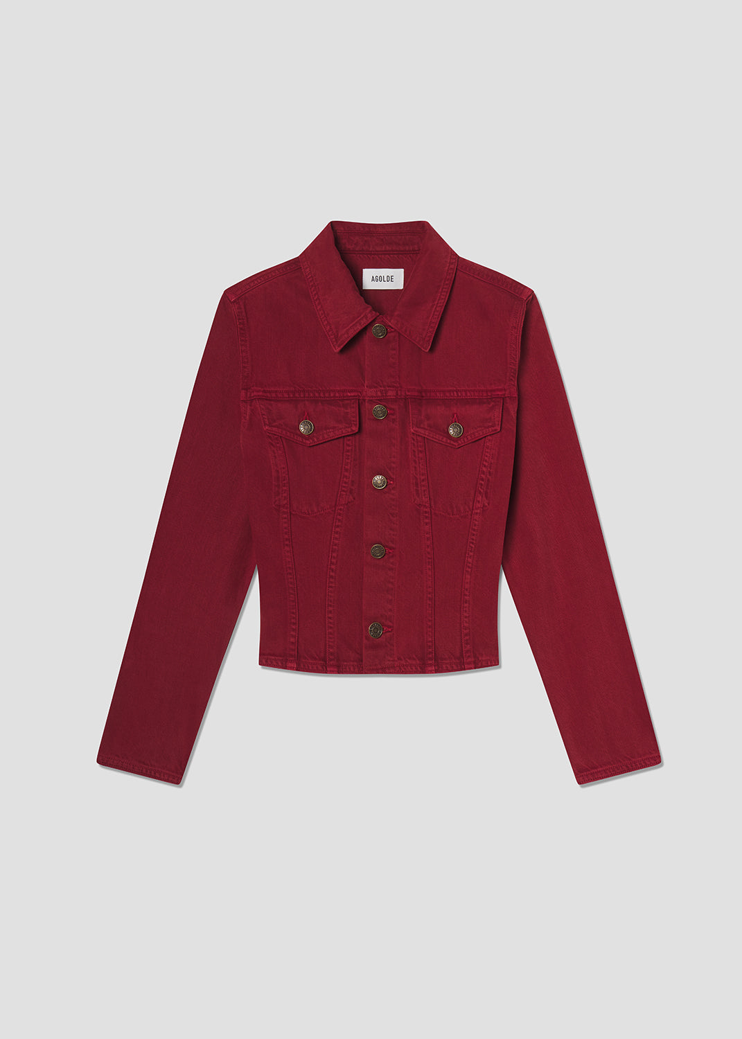 Red denim jacket on a light gray background