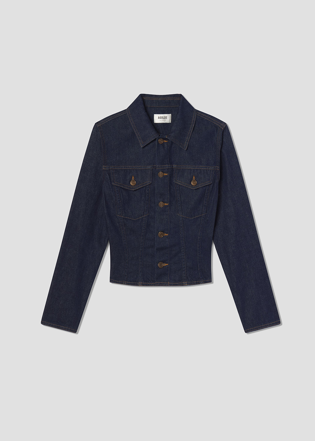 Navy denim jacket on a light gray background