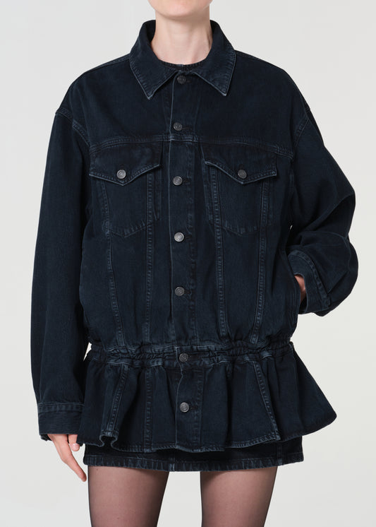 Dark denim jacket with a layered skirt on a white background