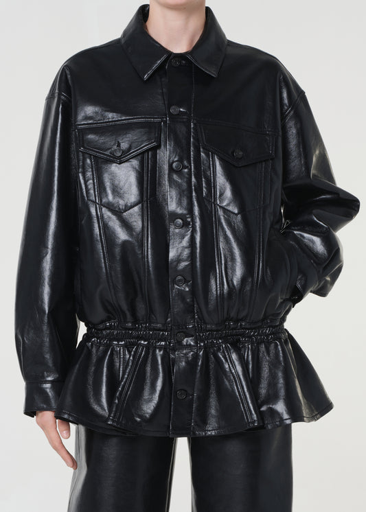 Black leather jacket with peplum waist on a white background