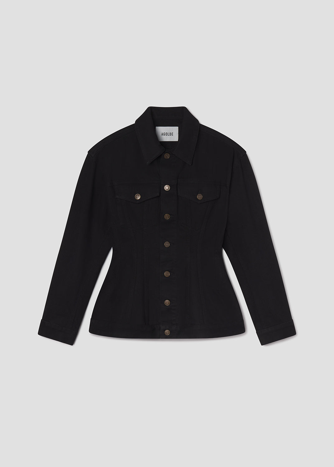 Black jacket with button details on a light gray background