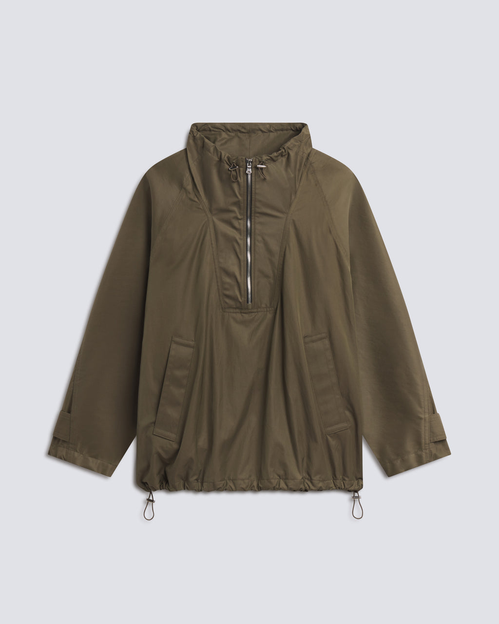 An olive green lightweight hooded jacket with a half-zip front, long sleeves, and side pockets, displayed against a light gray background.
