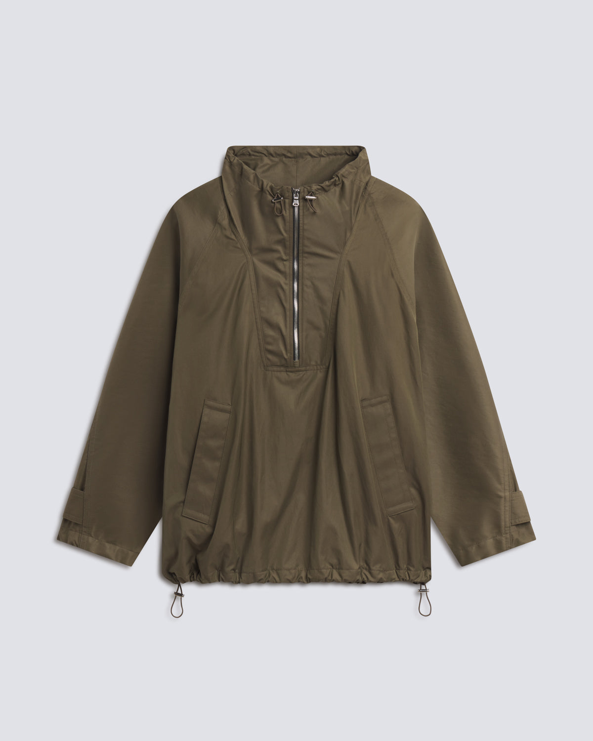 An olive green lightweight hooded jacket with a half-zip front, long sleeves, and side pockets, displayed against a light gray background.