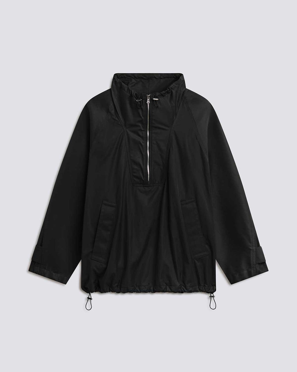 Black long sleeve pullover jacket with a stand collar, half-zip front, side pockets, and adjustable drawstring hem, front view on a grey background.