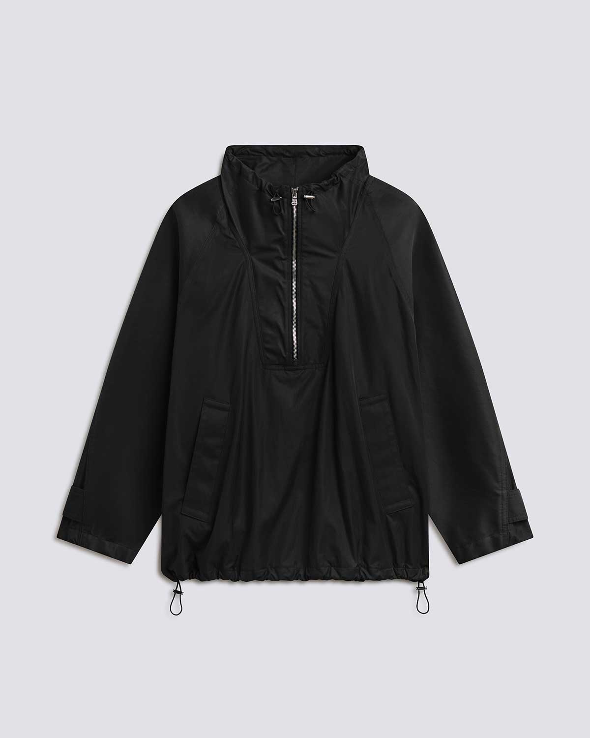Black long sleeve pullover jacket with a stand collar, half-zip front, side pockets, and adjustable drawstring hem, front view on a grey background.