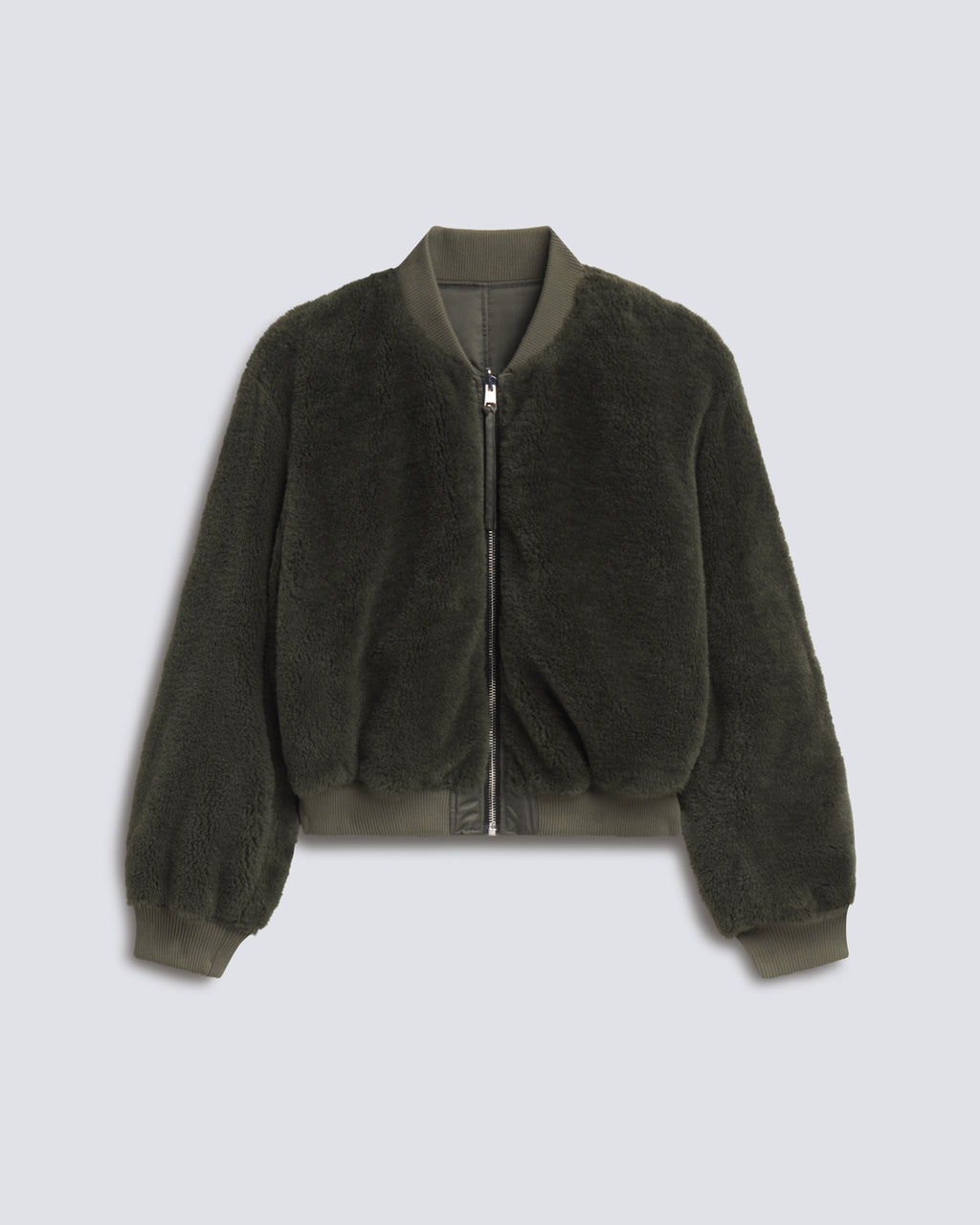 An olive green fuzzy zip-up bomber jacket with ribbed collar, cuffs, and hem, displayed against a light gray background.
