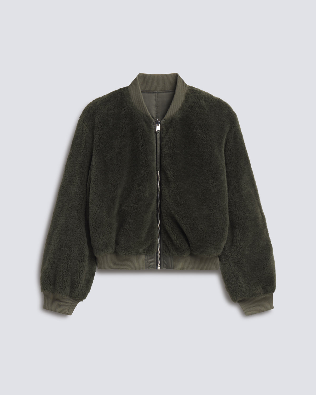 An olive green fuzzy zip-up bomber jacket with ribbed collar, cuffs, and hem, displayed against a light gray background.