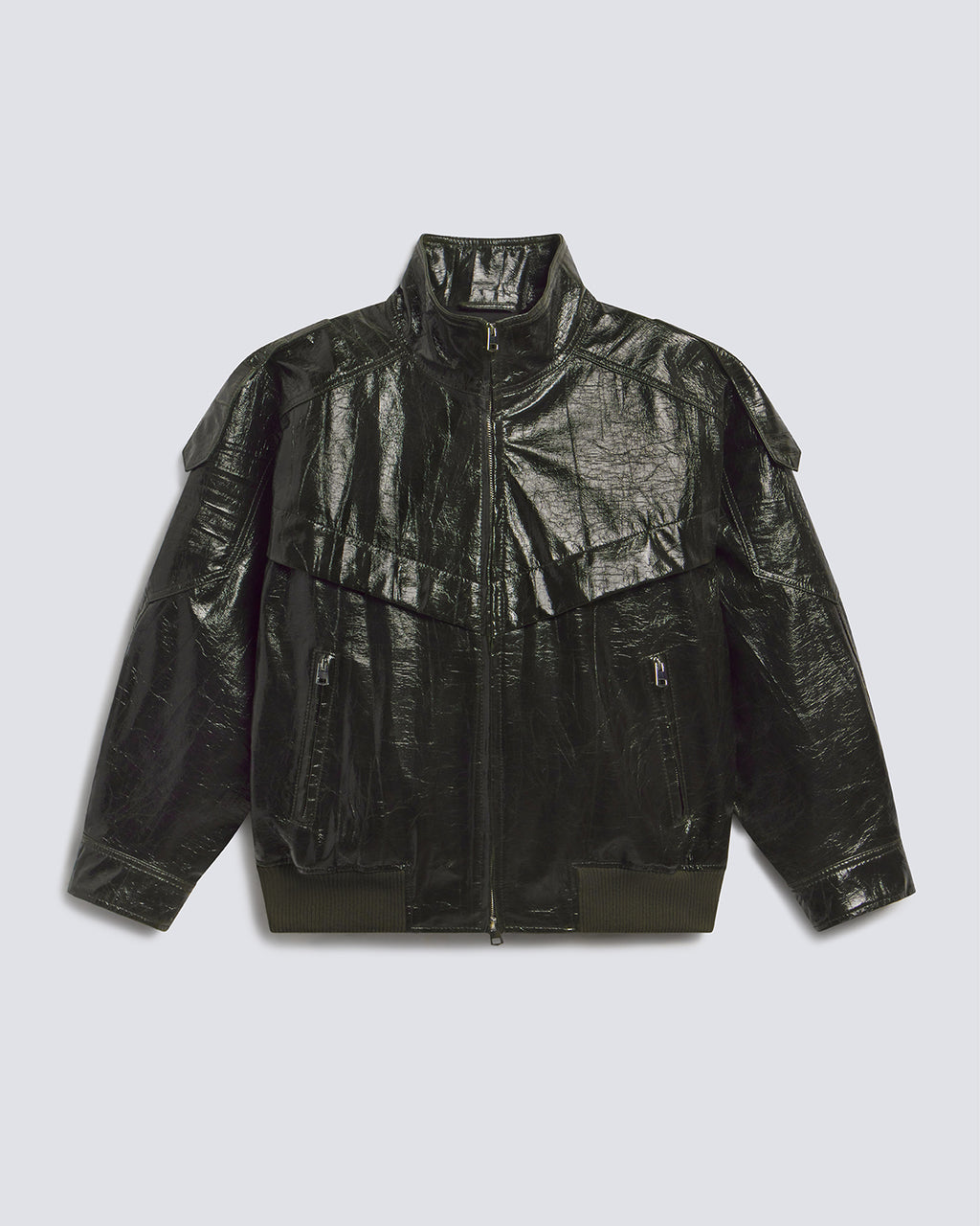 A black crinkled faux-leather jacket with a stand-up collar, front zipper, and zippered pockets, displayed flat against a light gray background.
