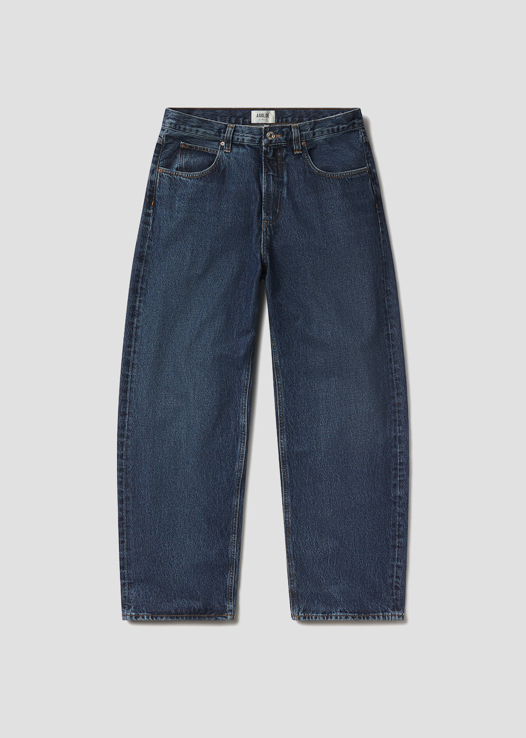 A pair of dark blue denim jeans with a front view, displaying a straight leg cut and classic five-pocket design.