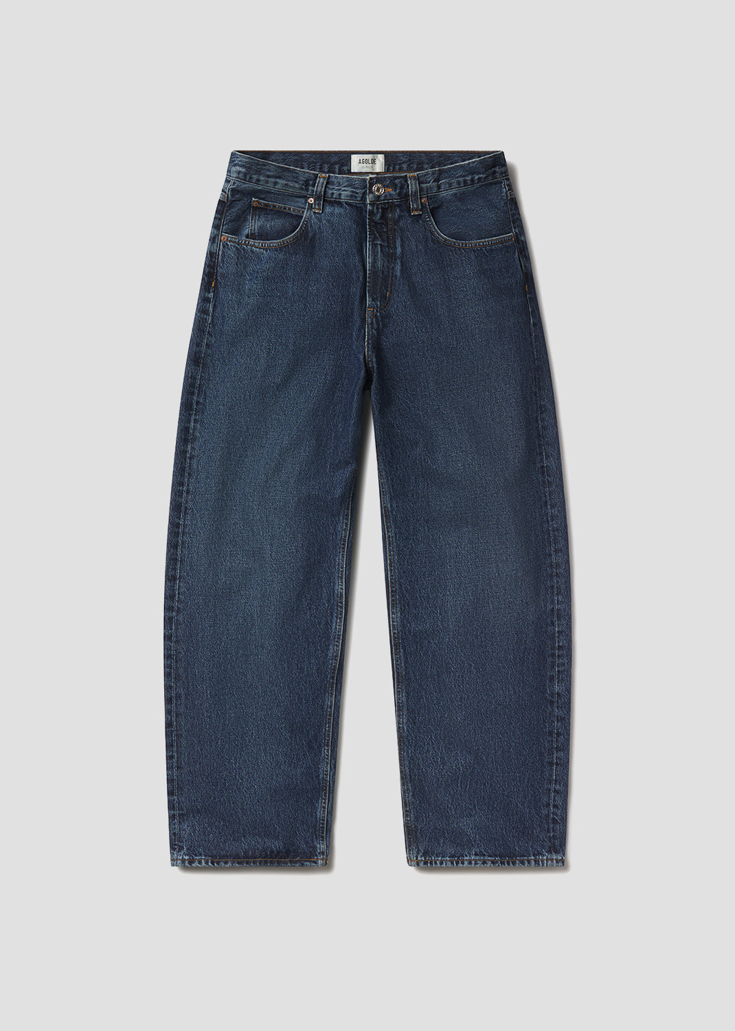 A pair of dark blue denim jeans with a front view, displaying a straight leg cut and classic five-pocket design.
