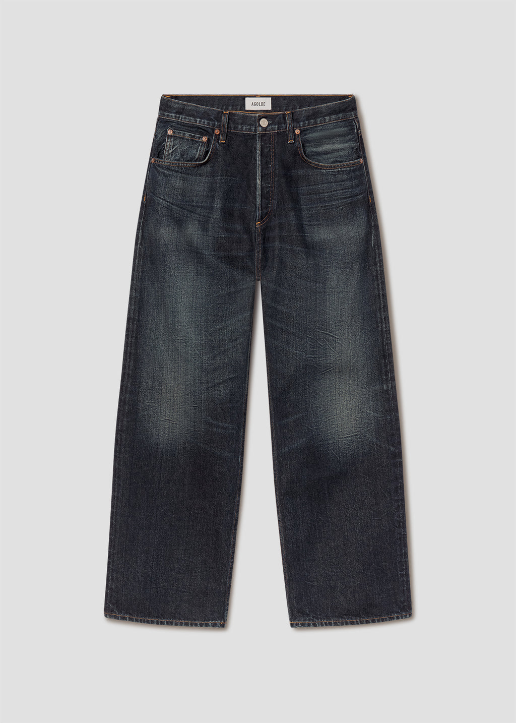 Dark wash blue denim jeans with a straight-leg fit, shown flat against a light gray background.