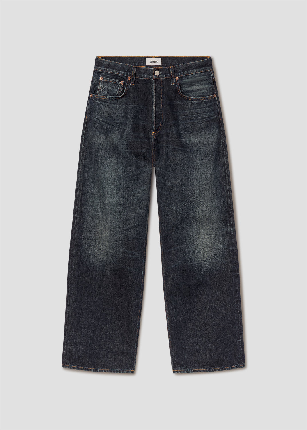 Dark wash blue denim jeans with a straight-leg fit, shown flat against a light gray background.