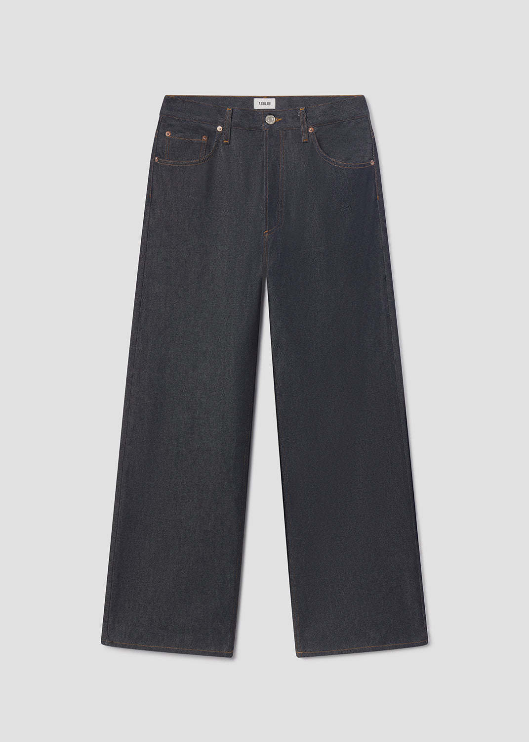 Dark blue jeans on a light gray background