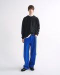 Person wearing a black crewneck sweatshirt with bright blue pants and black shoes on a grey background