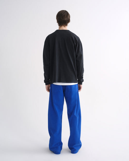 Person wearing a black crewneck sweatshirt with bright blue pants and black shoes, back view, on a grey background