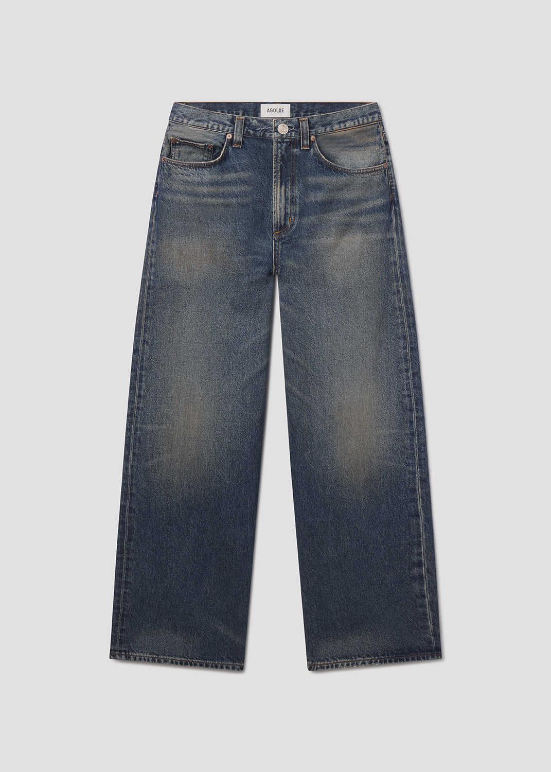 Flat lay shot of blue jean on grey background