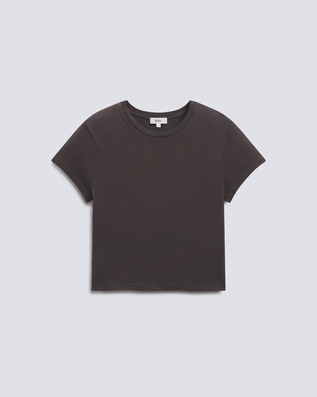 A dark brown short-sleeve crewneck crop top t-shirt, laid flat against a light gray background.