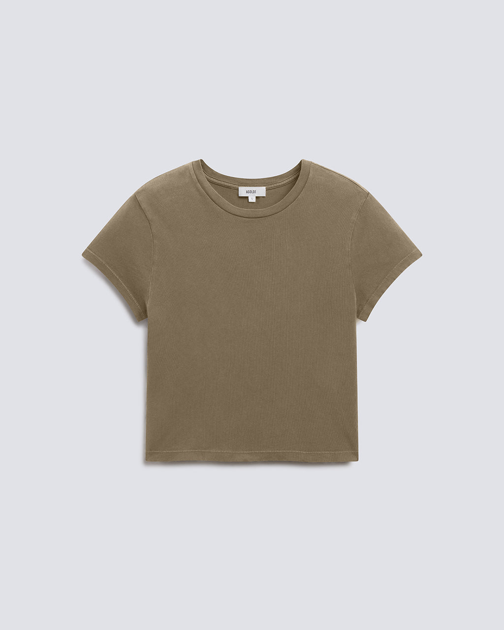 A cropped short-sleeve crewneck t-shirt in a muted olive-brown or khaki shade, presented flat against a light gray background.