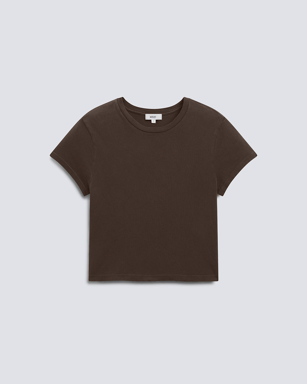 A dark brown short-sleeve crewneck crop top t-shirt, laid flat against a light gray background.