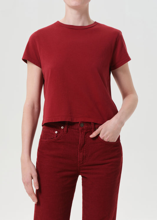 Person wearing a red t-shirt and red pants on a white background