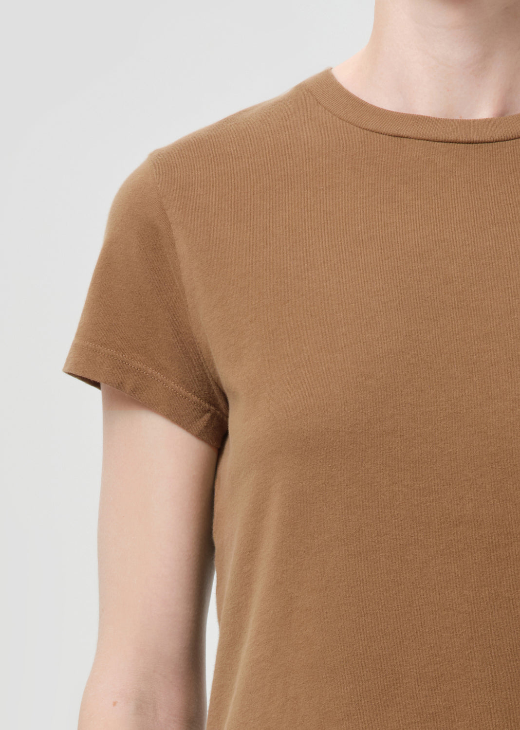 Brown t-shirt worn by a person on a light gray background