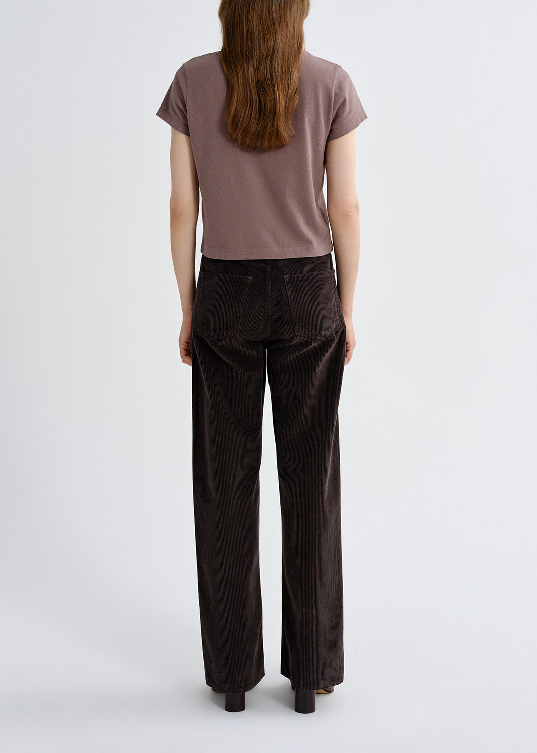 Person wearing a mauve short sleeve crewneck tee with dark brown straight leg jeans viewed from the back on a grey background