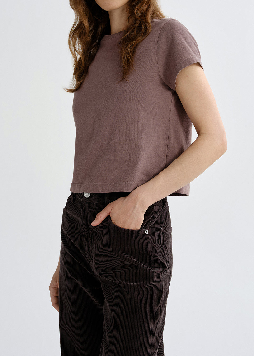 Person wearing a mauve short sleeve crewneck tee on a grey background