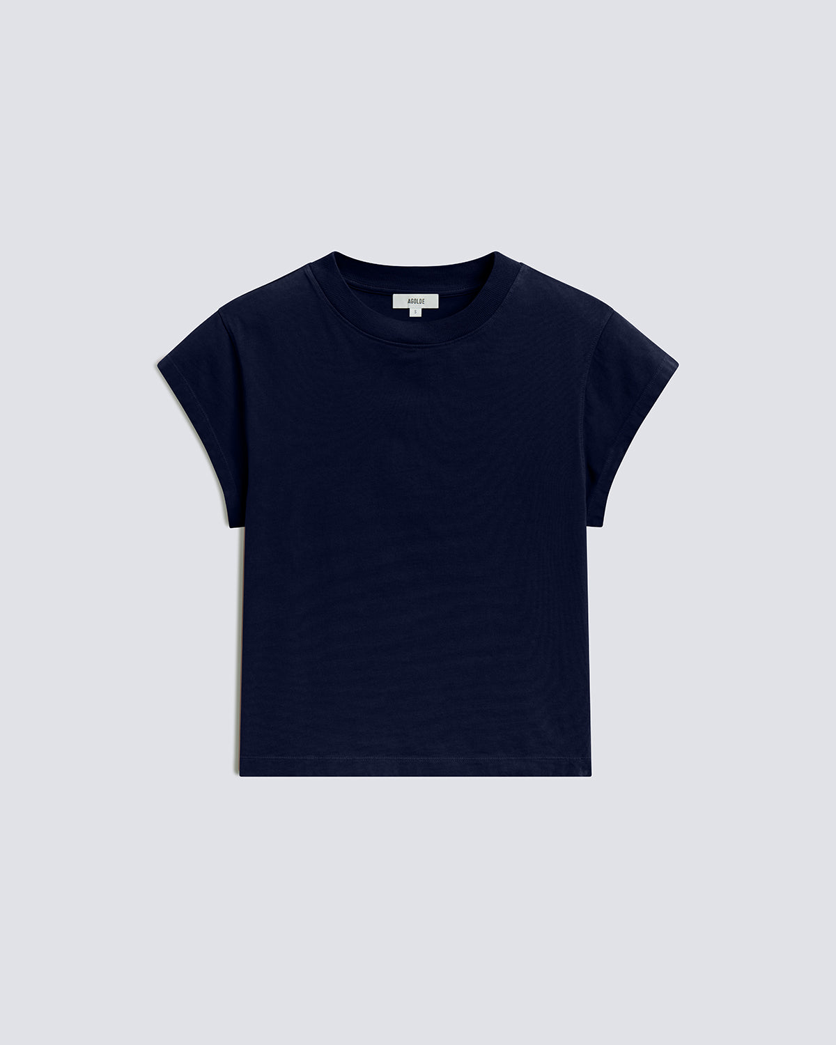 A dark navy blue short-sleeve crewneck t-shirt, laid flat against a light gray background.