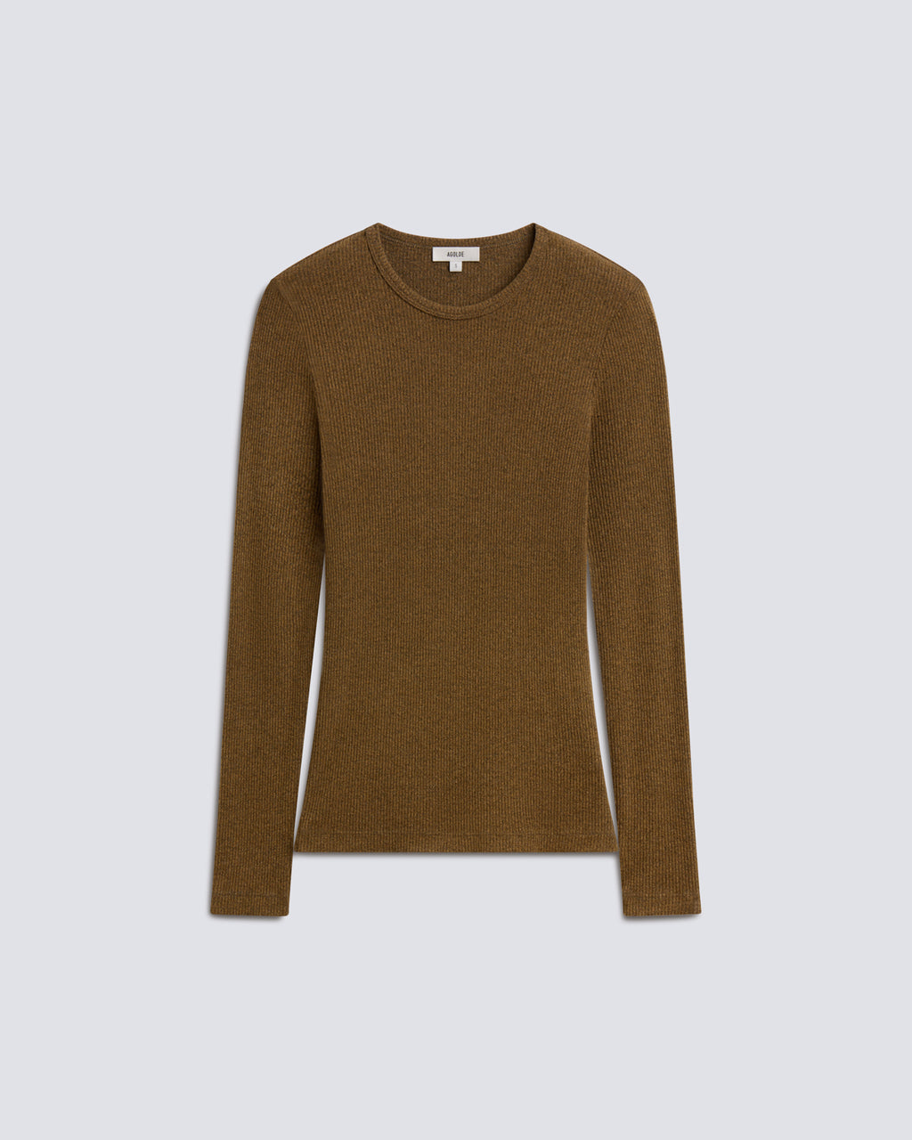 A long-sleeve crewneck knit sweater in a warm camel brown color, displayed on a clean light gray background.