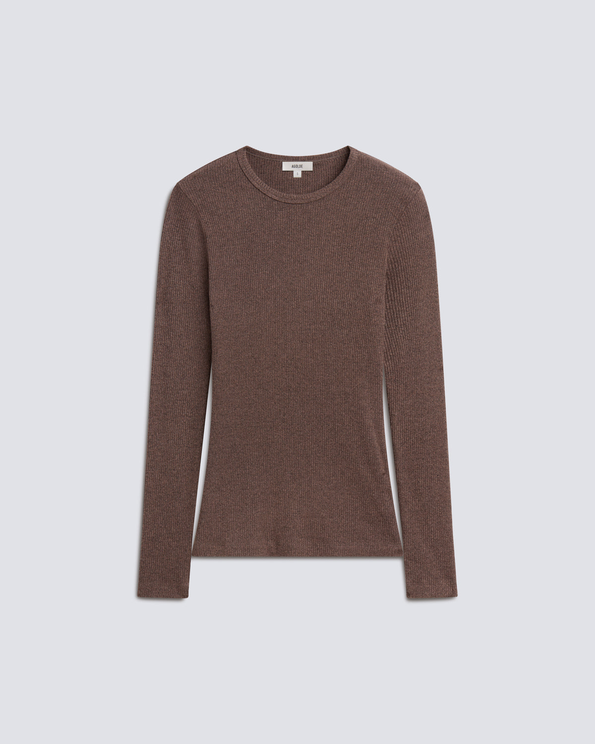 A long-sleeve crewneck knit sweater in a warm brown color, displayed flat against a light gray background.
