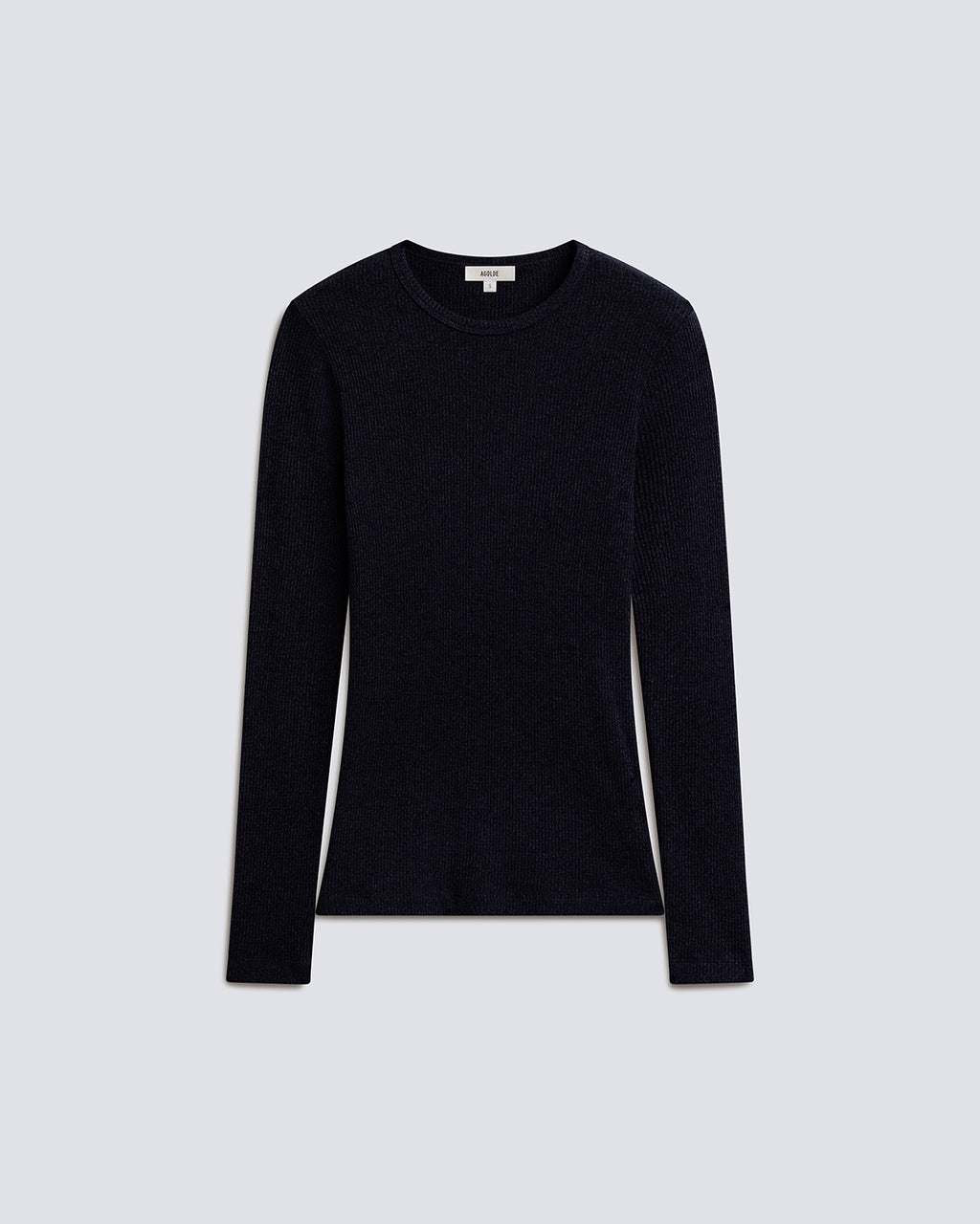 A dark navy blue long-sleeve crewneck sweater displayed flat against a light gray background.
