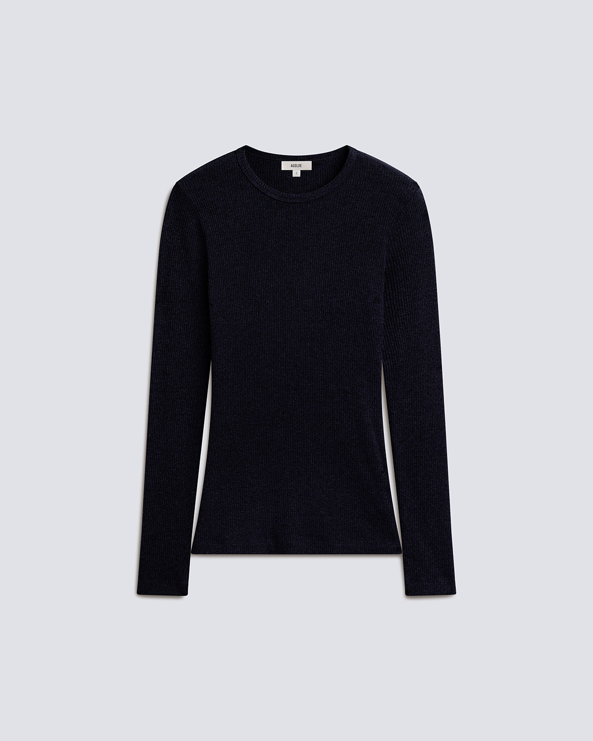 A dark navy blue long-sleeve crewneck sweater displayed flat against a light gray background.
