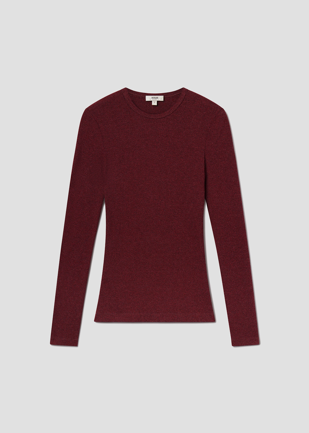 Maroon long-sleeve shirt on a light gray background
