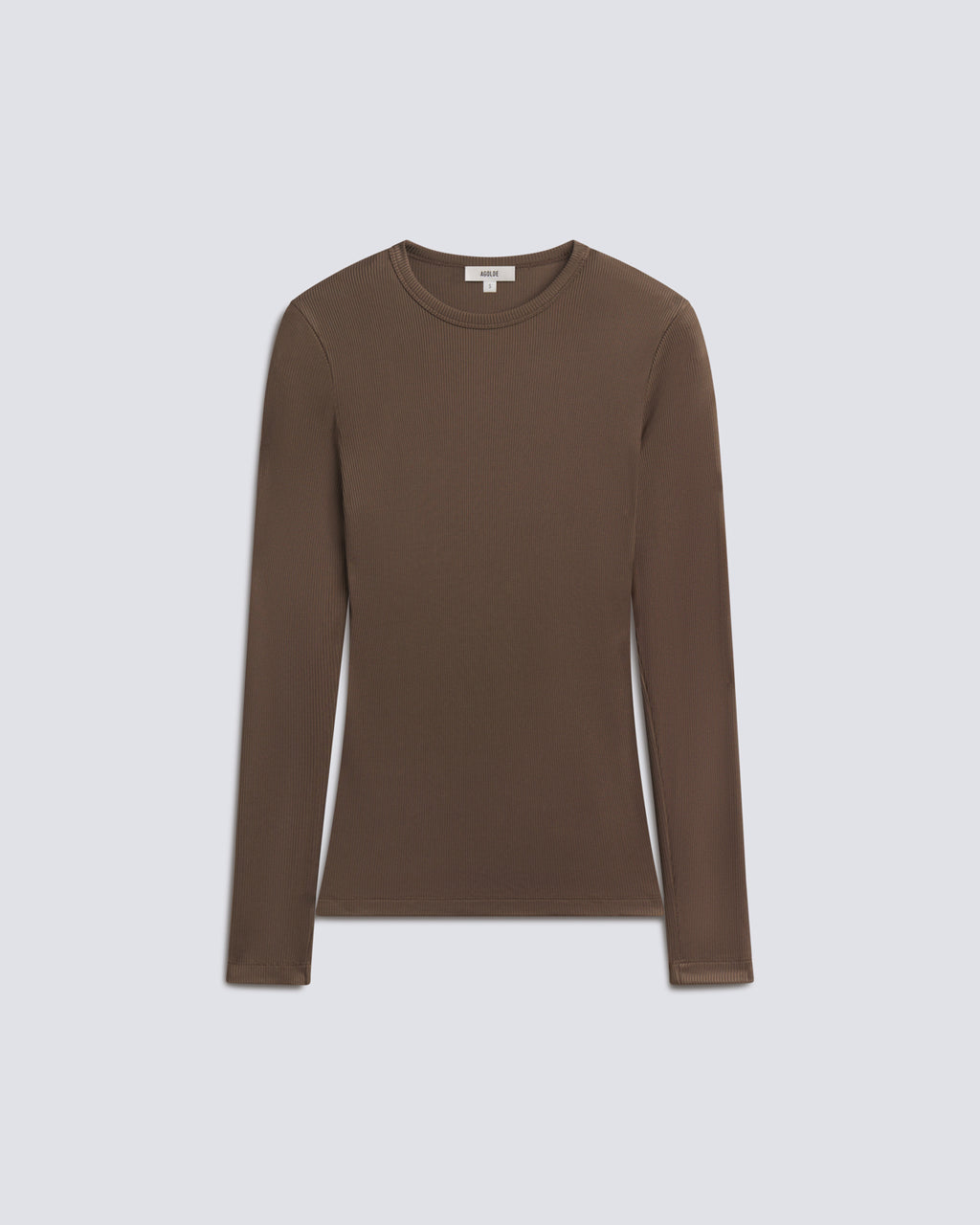 A long-sleeve crewneck knit top in a solid medium brown color, displayed flat against a light gray background.