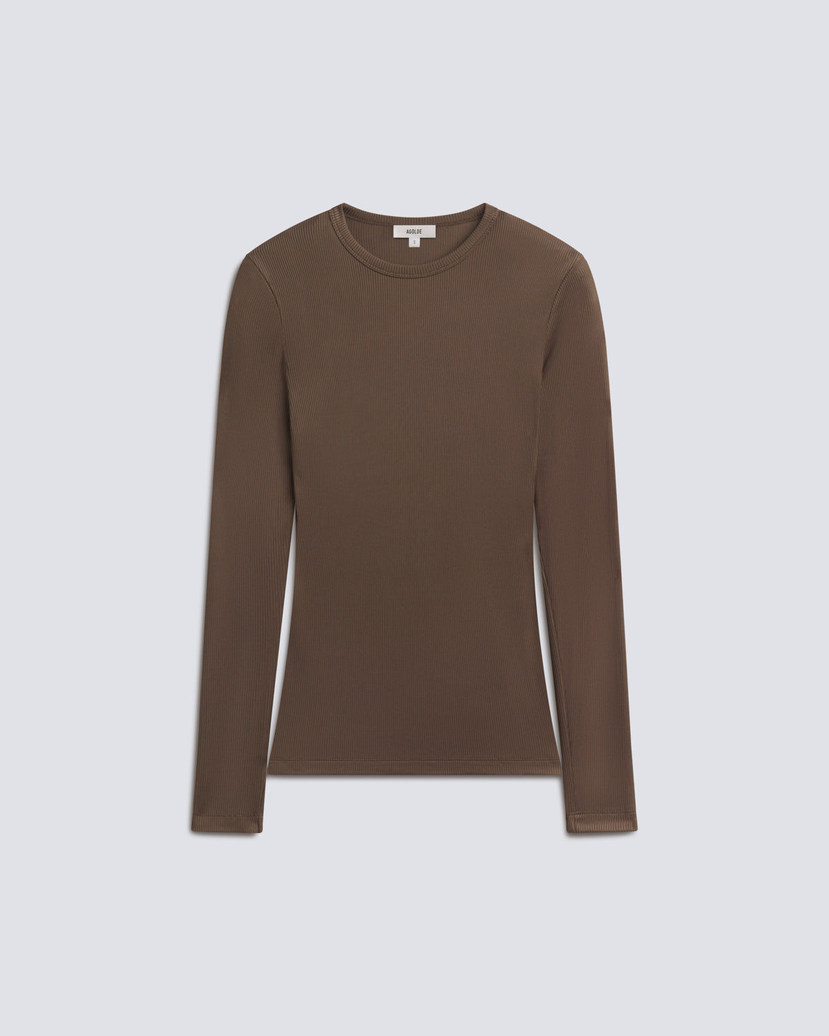 A long-sleeve crewneck knit top in a solid medium brown color, displayed flat against a light gray background.
