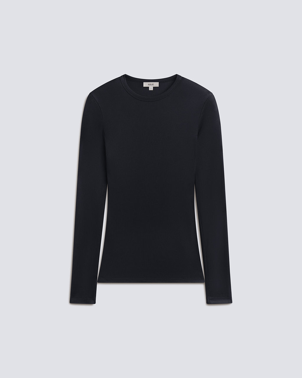 A black long-sleeve crewneck knit top, displayed flat against a light gray background.