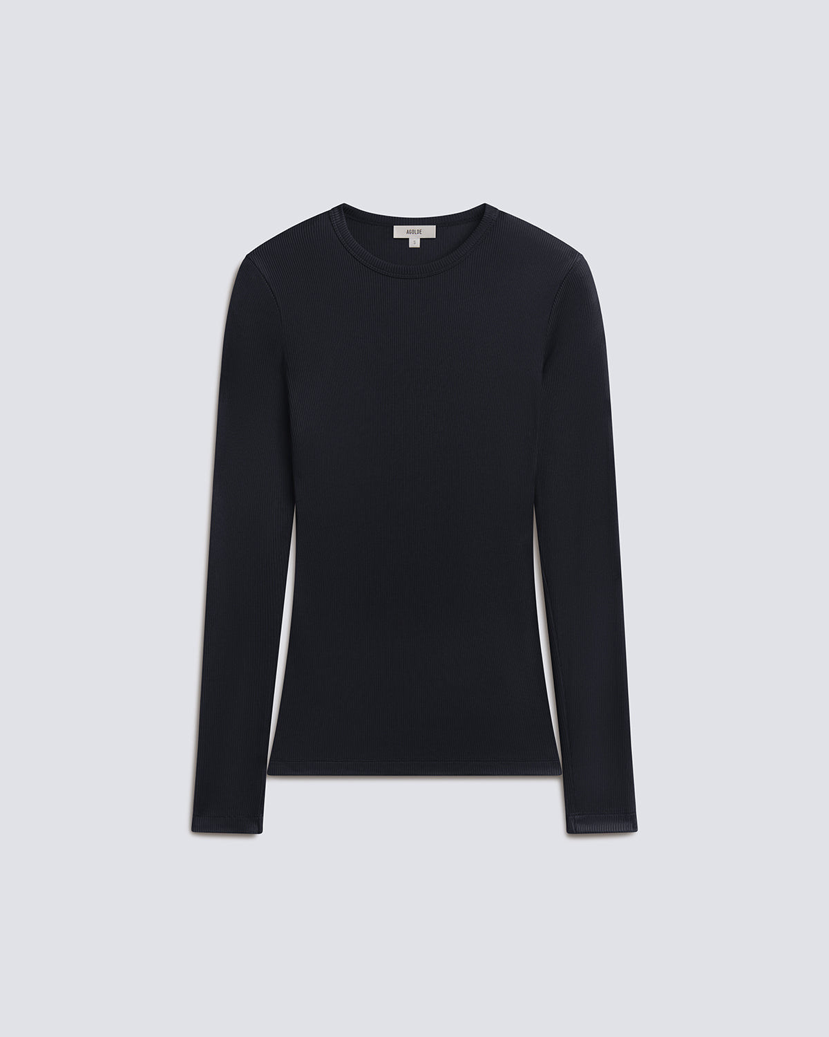 A black long-sleeve crewneck knit top, displayed flat against a light gray background.