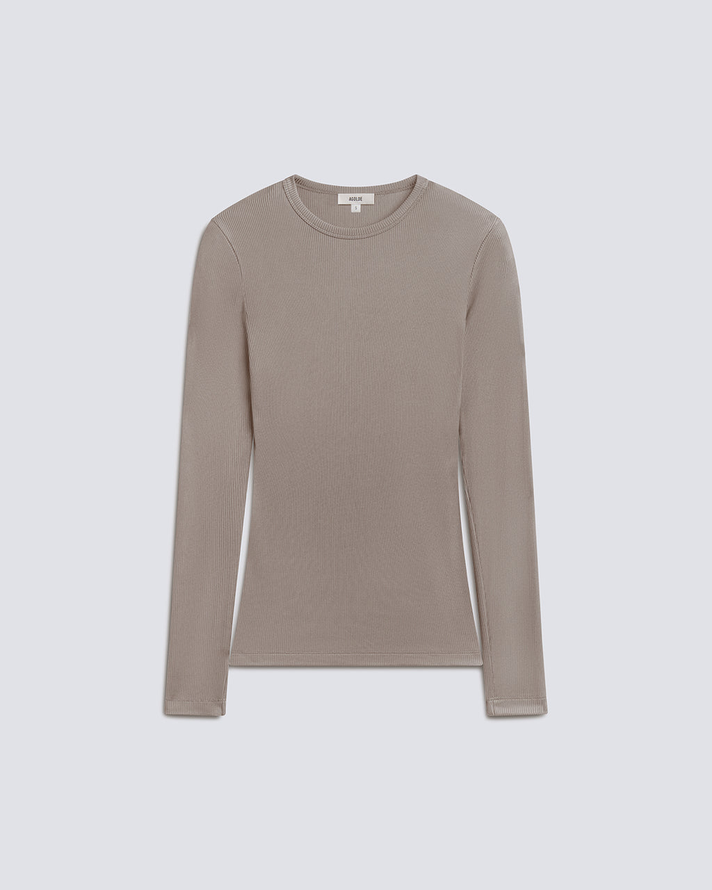 A long-sleeve crewneck knit top in a muted taupe-beige color, displayed on a clean light gray background.