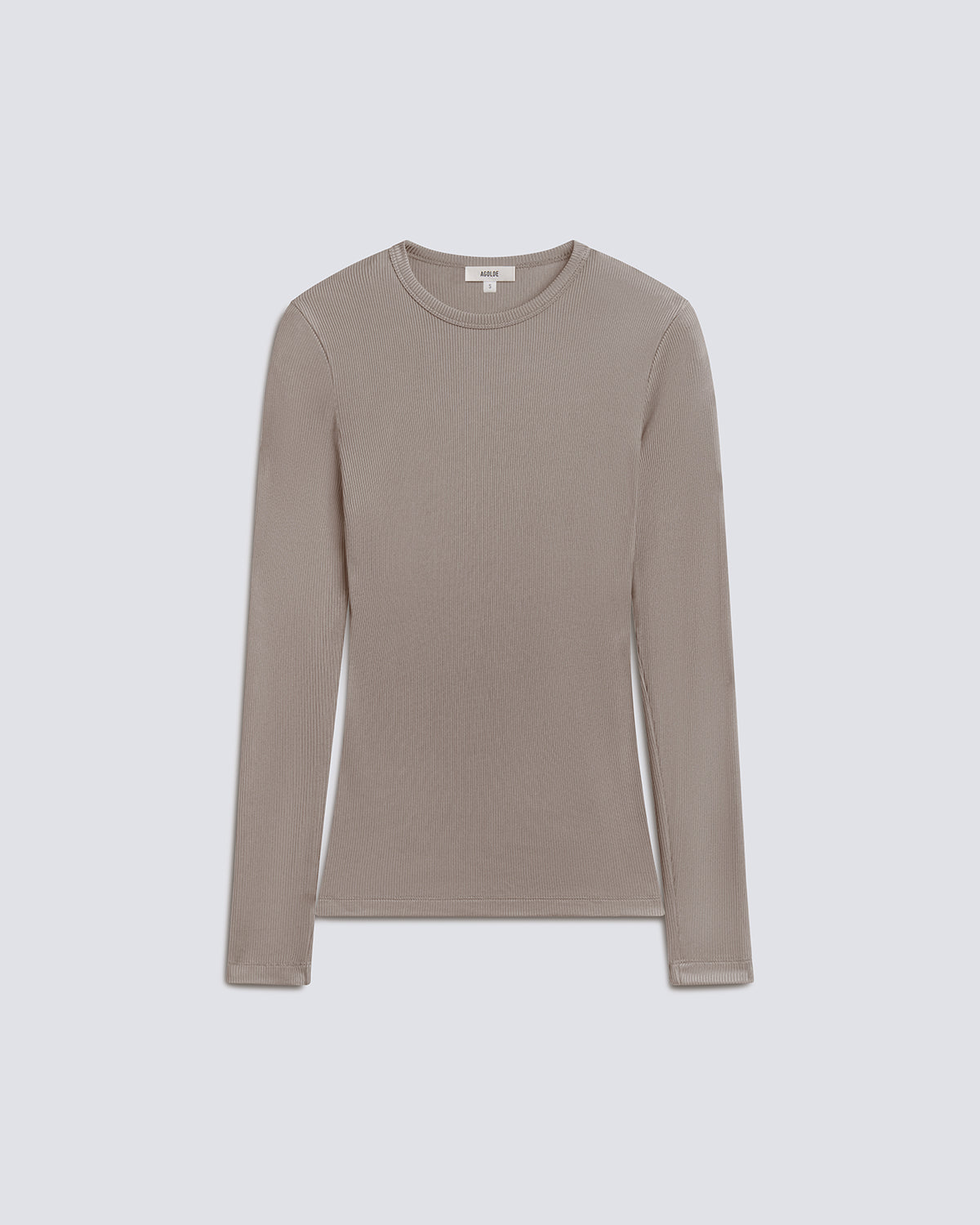 A long-sleeve crewneck knit top in a muted taupe-beige color, displayed on a clean light gray background.