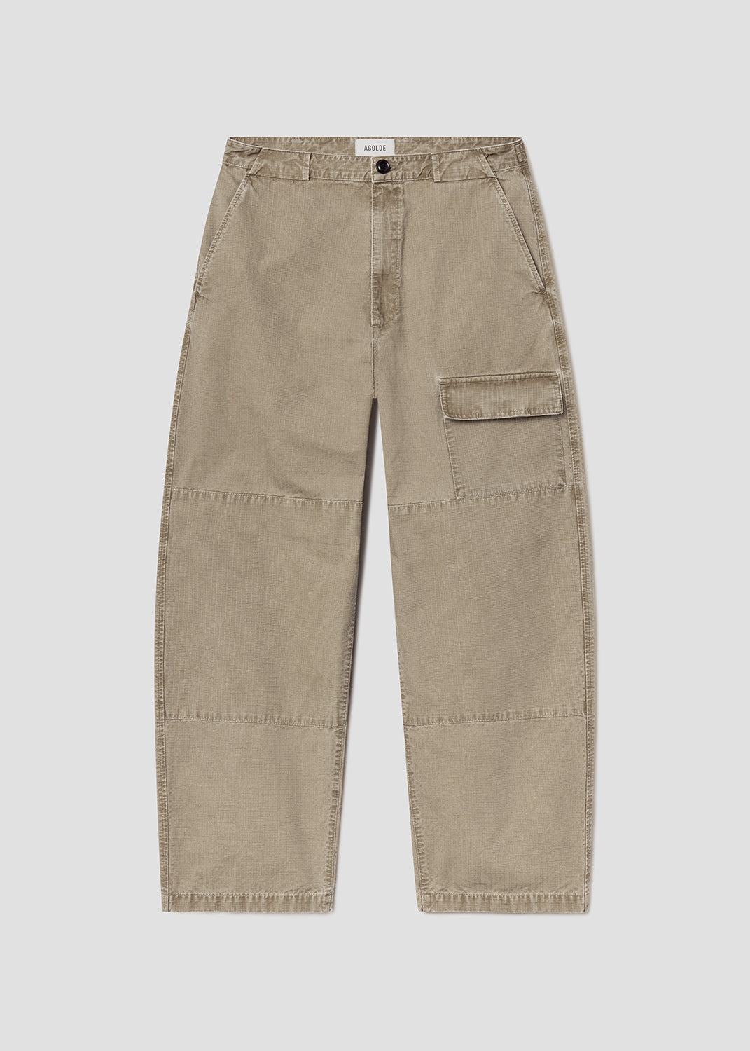 Beige cargo pants on a grey background
