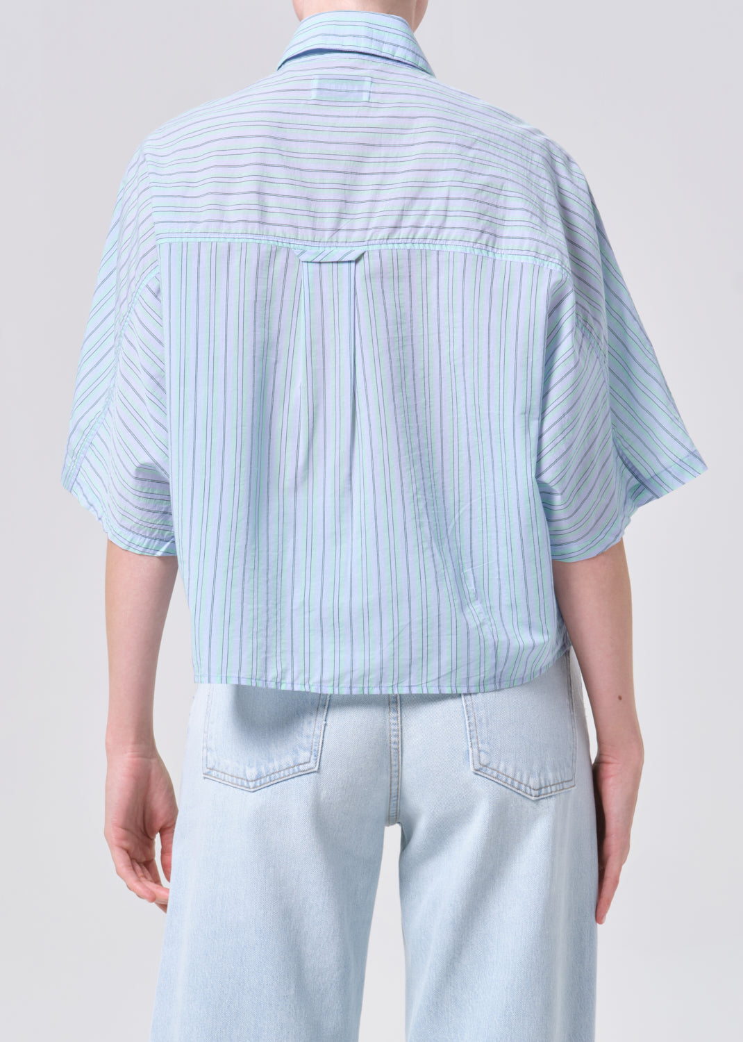 Light blue striped shirt worn by a person on a plain background