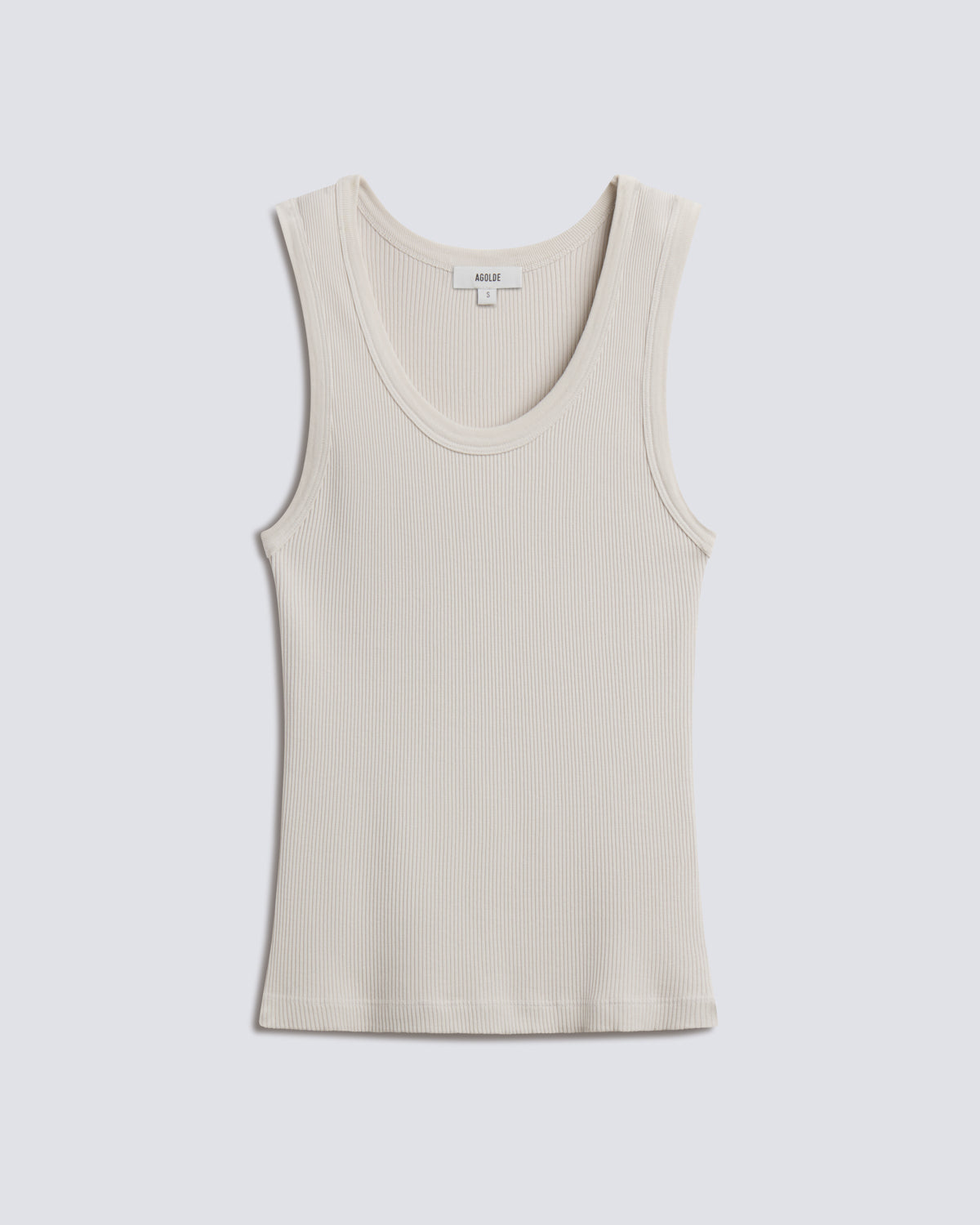 A sleeveless ribbed tank top in a light cream or off-white color, displayed flat against a light gray background.