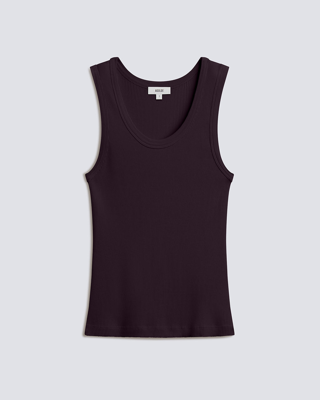 A sleeveless ribbed tank top in a very dark plum or eggplant purple, displayed flat against a light gray background.