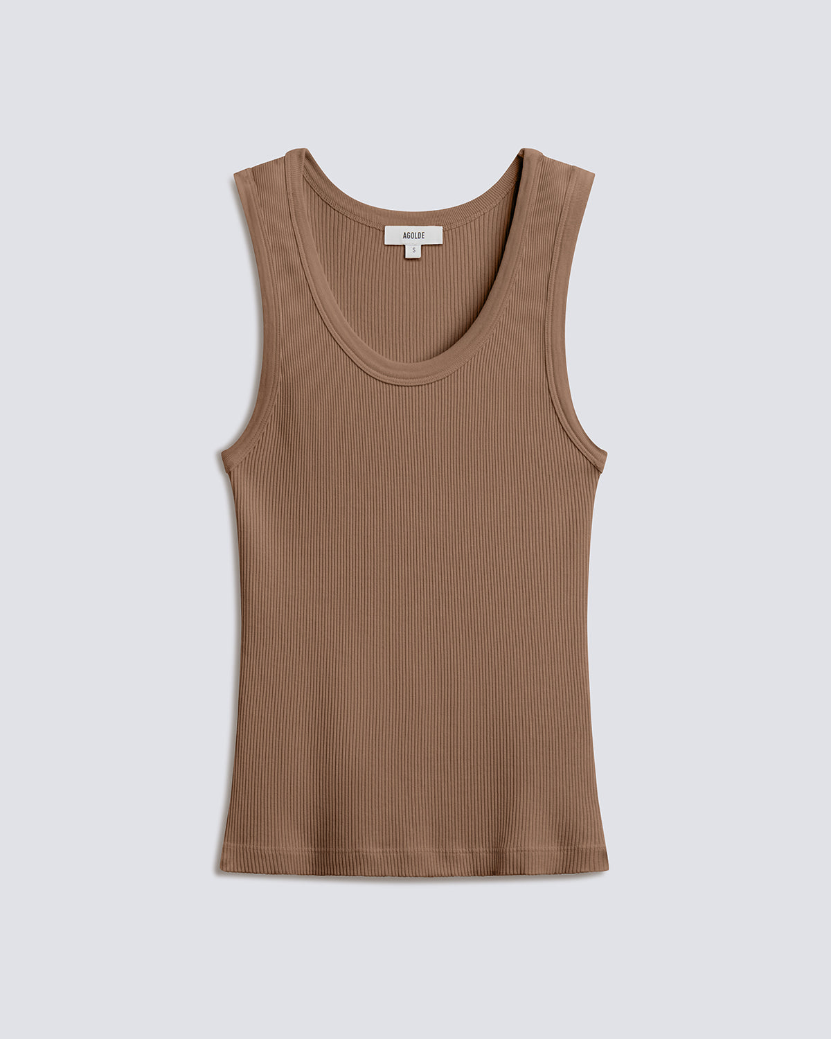 A ribbed tank top in a warm taupe-brown color, displayed flat against a light gray background.