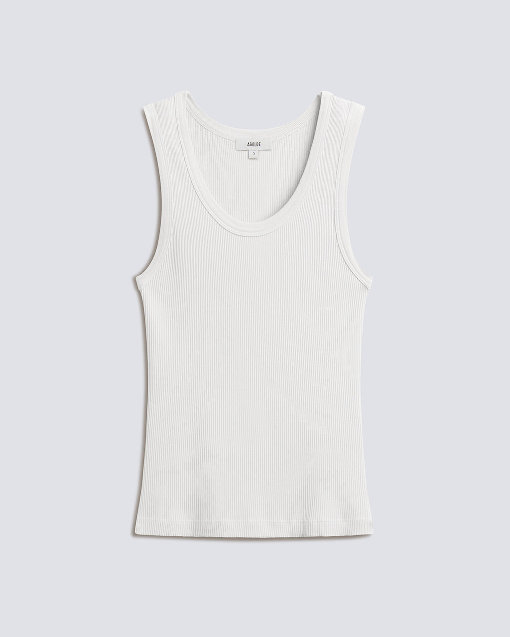 A white ribbed tank top with a scoop neck, displayed flat against a light gray background.
