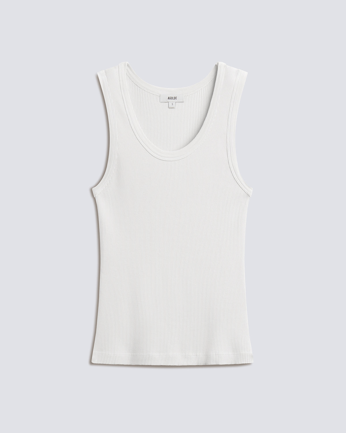 A white ribbed tank top with a scoop neck, displayed flat against a light gray background.