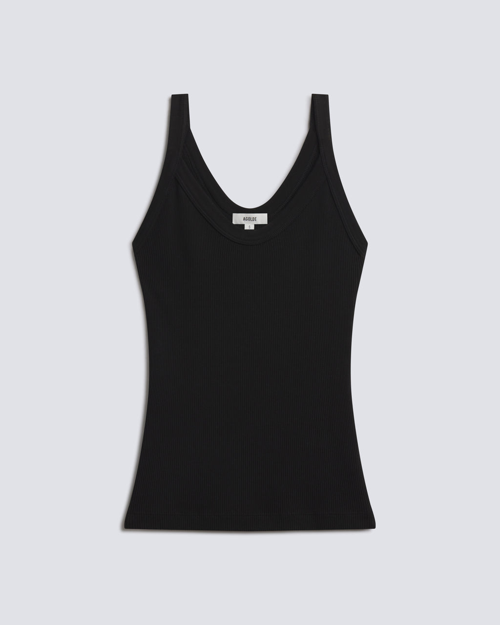 A black ribbed tank top with a wide scoop neckline, displayed flat against a light gray background.