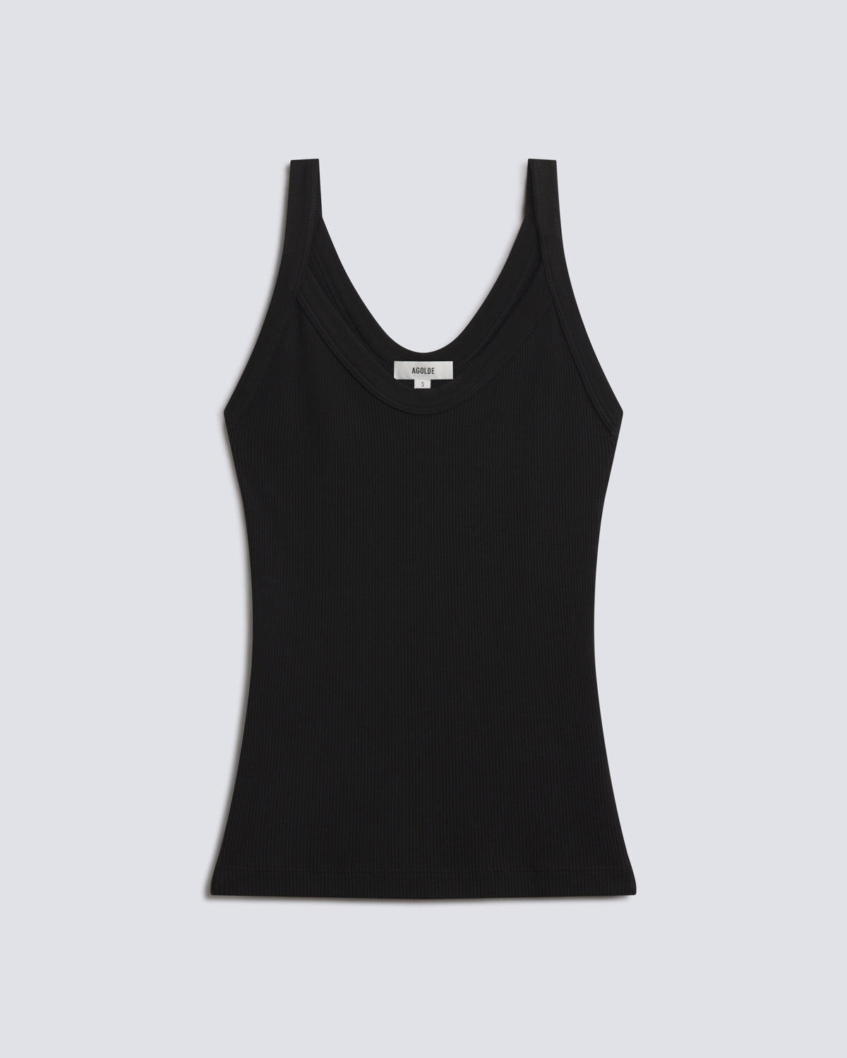 A black ribbed tank top with a wide scoop neckline, displayed flat against a light gray background.