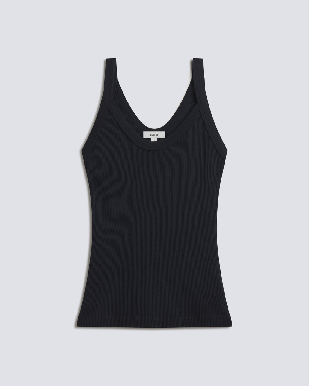 A black ribbed tank top with a wide scoop neckline, displayed flat against a light gray background.